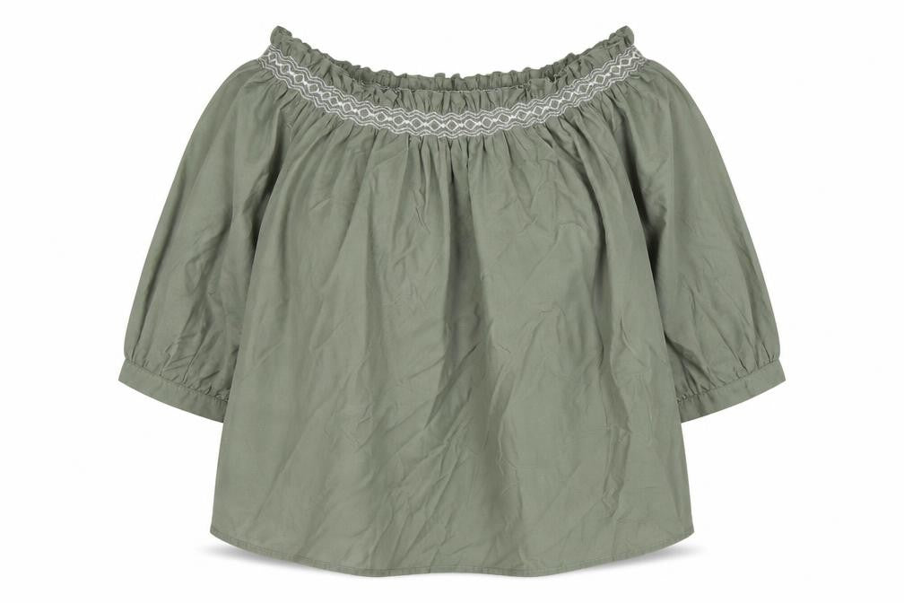 Front view of Marks & Spencer women’s green cotton basic blouse, size UK 14, square neck