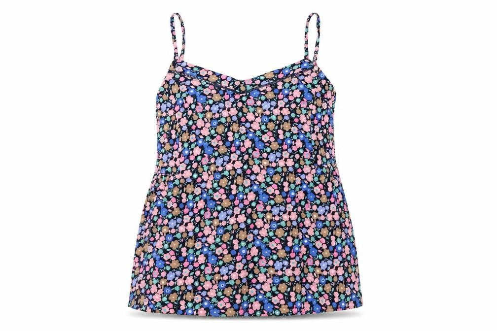 Front view of Marks & Spencer women’s multicoloured geometric viscose basic tank, size UK 10, v-neck