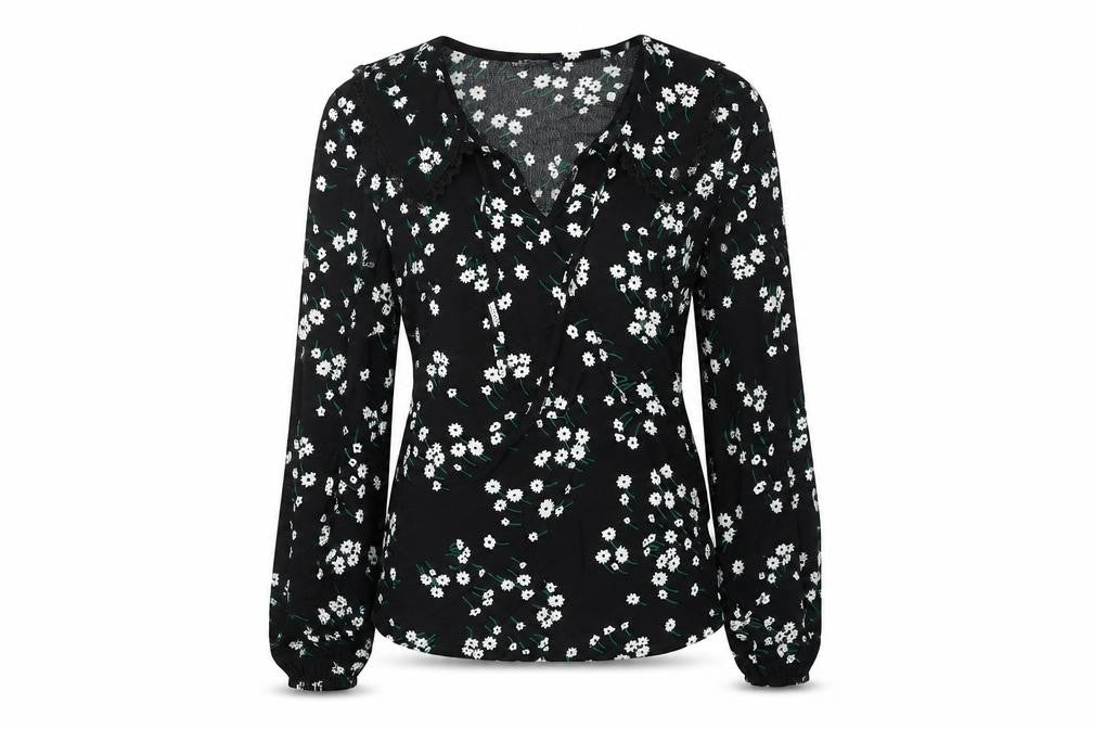 Front view of Marks & Spencer women’s black floral viscose basic blouse, size UK 6, v-neck