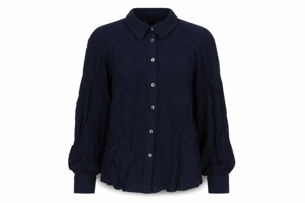 Front view of Marks & Spencer women’s blue viscose basic button-up, size UK 6, collared