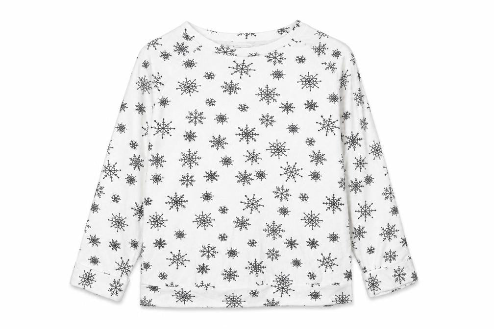 Front view of Tu women’s white round neck geometric polyester jumper, size UK 12, - snowflakes