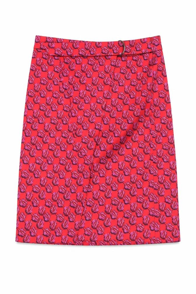 Front view of Topshop women’s red geometric polyester straight & pencil skirt, size M, button