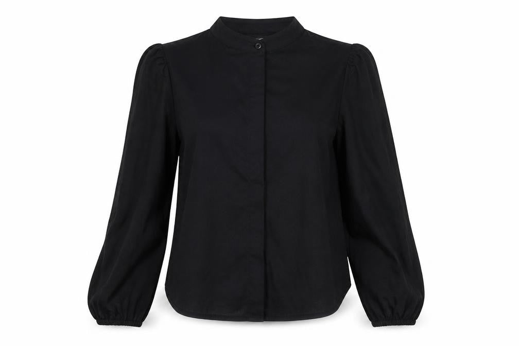 Front view of Marks & Spencer women’s black polyester basic blouse, size UK 6, crew neck