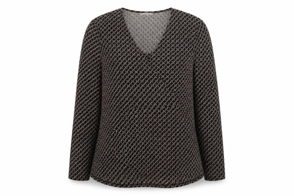 Front view of H&M women’s brown geometric polyester basic blouse, size M, v-neck