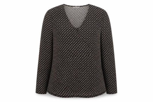Front view of H&M women’s brown geometric polyester basic blouse, size M, v-neck