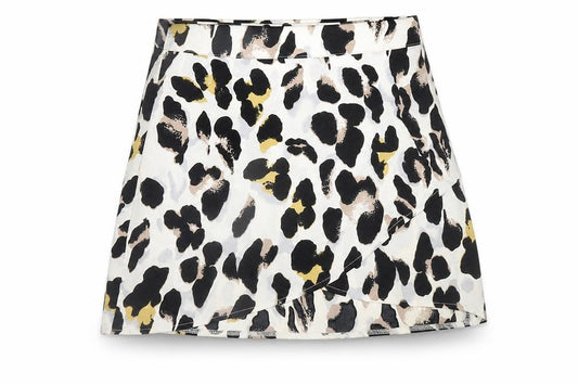 Front view of In the Style women’s ivory animal print polyester wrap skirt, size UK 8, zip
