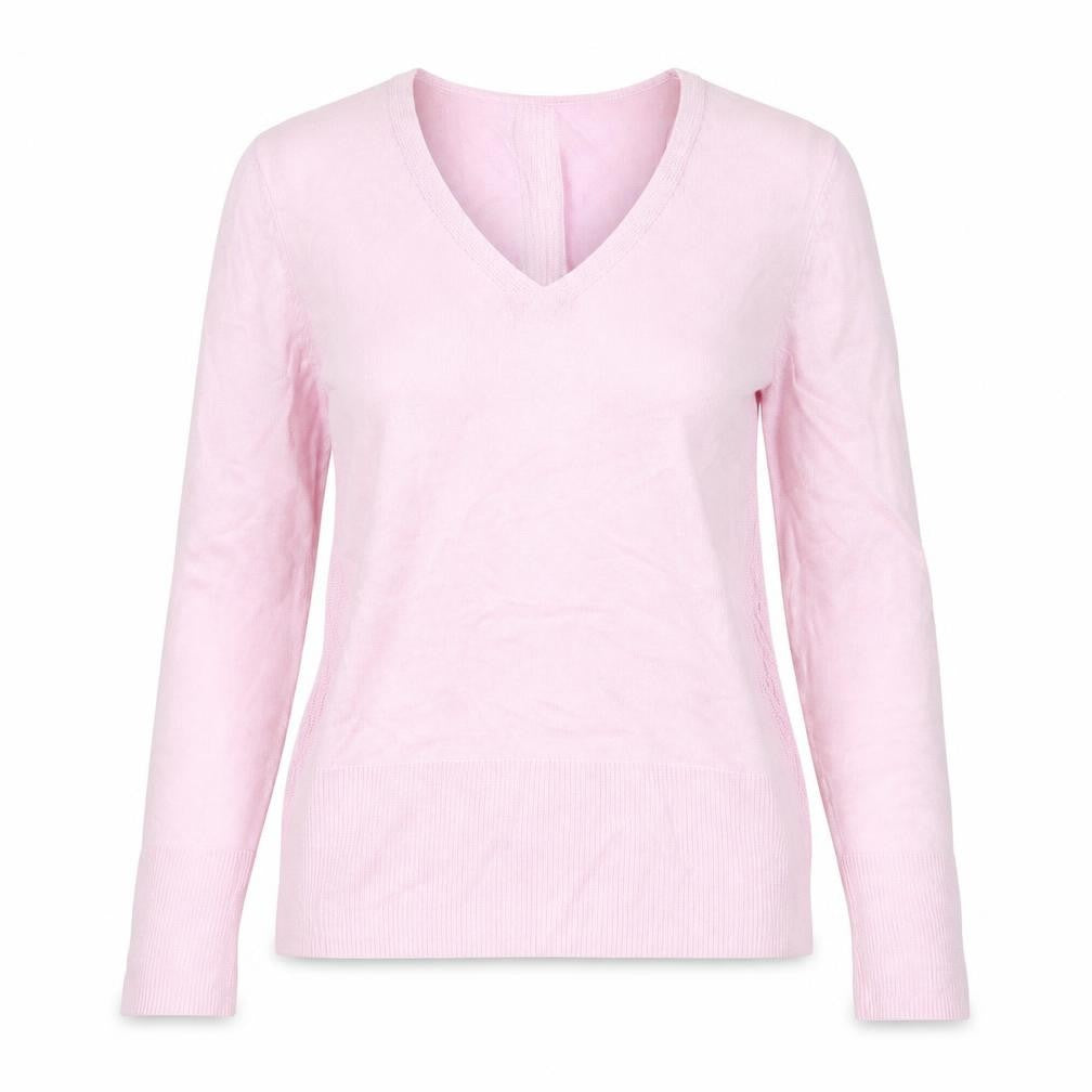 Front view of Preworn women’s pink v-neck viscose jumper, size UK 36