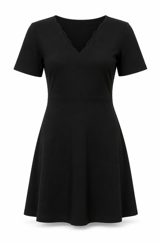 Front view of VILA women’s beige polyester skater dress, size S, v-neck pullover
