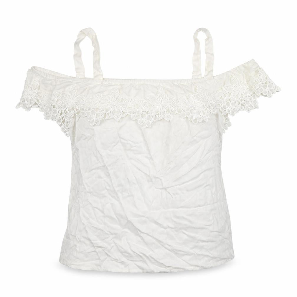 Front view of Oasis women’s white viscose basic blouse, size UK 10, off the shoulder - lace detail