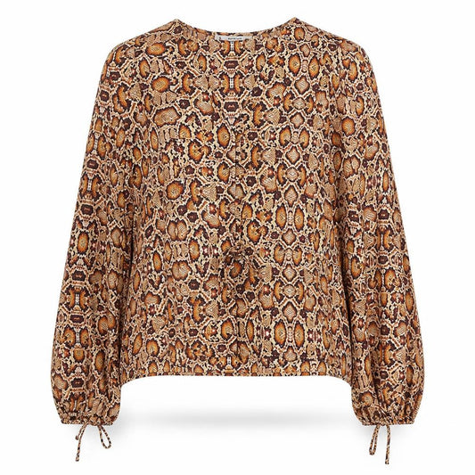 Front view of Mango women’s orange animal print polyester basic button-up, size L, v-neck