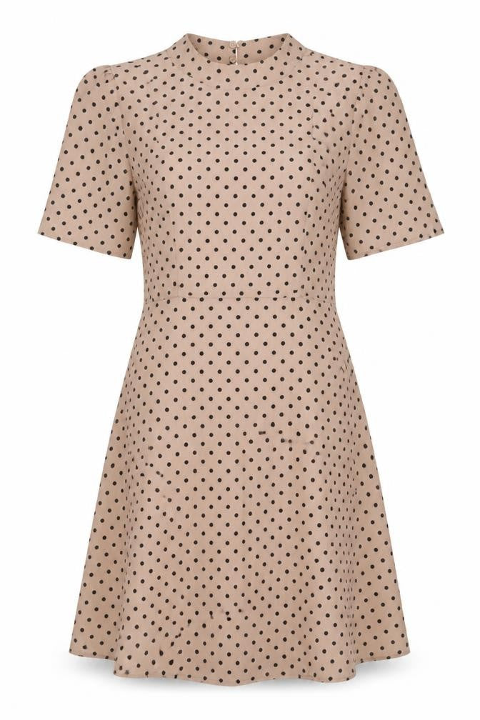 Front view of H&M women’s beige polka dot polyester a-line, size S, round neck zip