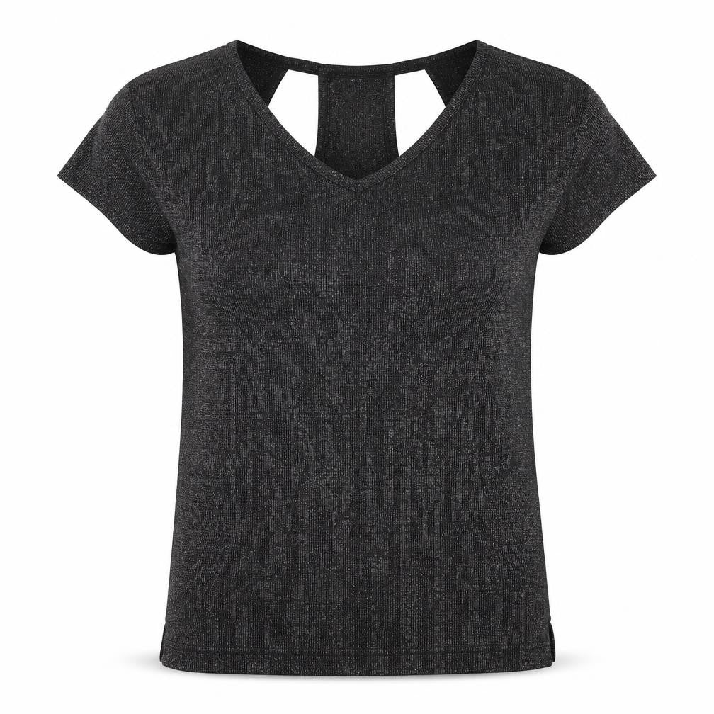 Front view of Next women’s black polyester basic t-shirt, size UK 8, v-neck