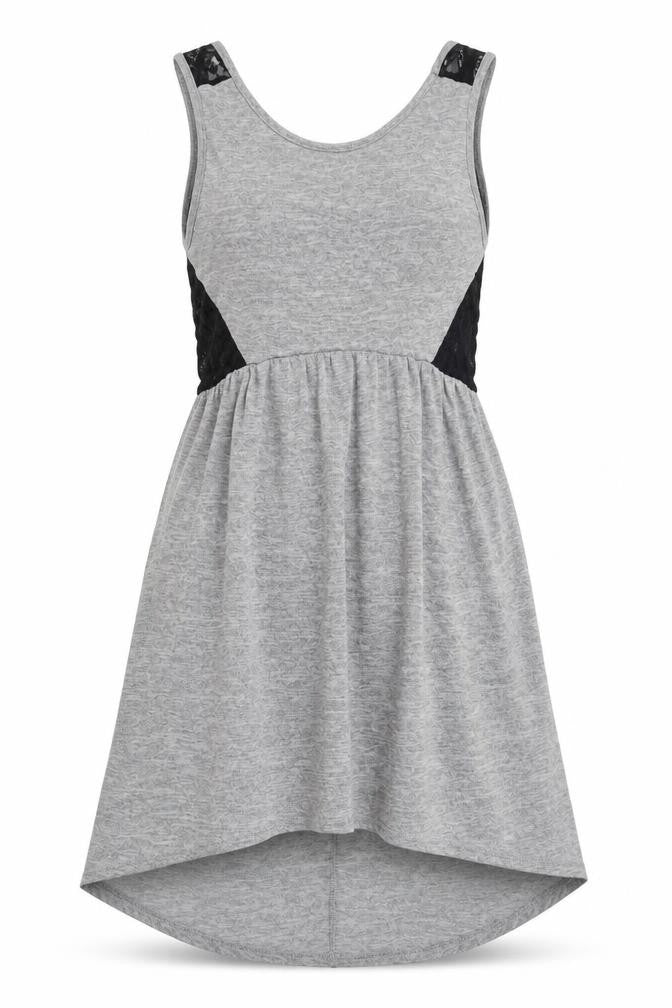Front view of Miss Selfridge women’s grey polyester mini, size UK 6, round neck pullover - lace back