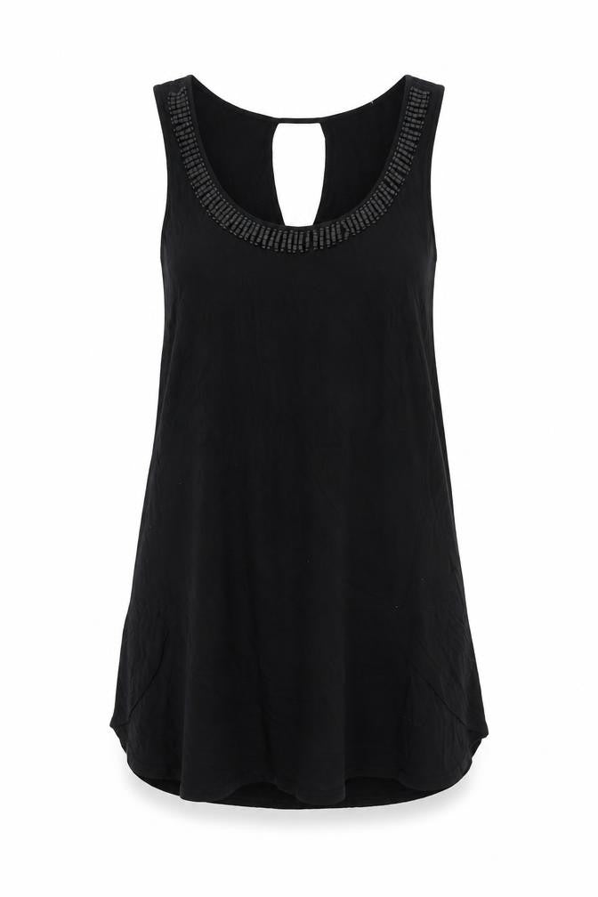 Front view of Cable & Gauge women’s black viscose tunic tank, size S, halter