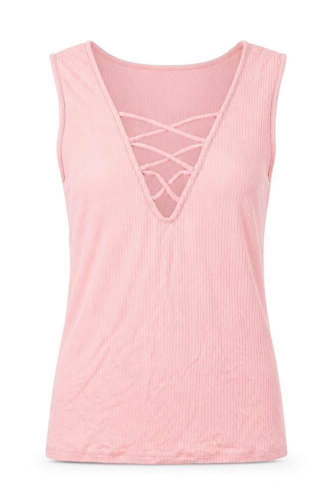 Front view of Miss Selfridge women’s pink viscose basic tank, size UK 8, v-neck