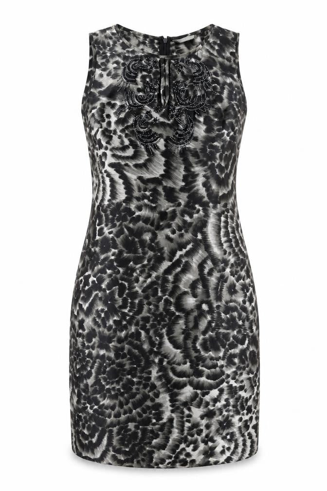 Front view of Wallis women’s multicoloured geometric polyester bodycon, size UK 12, round neck zip