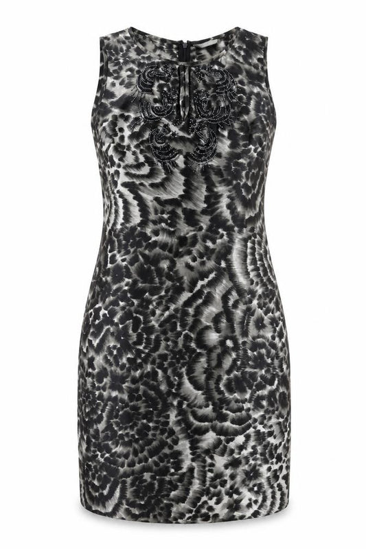 Front view of Wallis women’s multicoloured geometric polyester bodycon, size UK 12, round neck zip