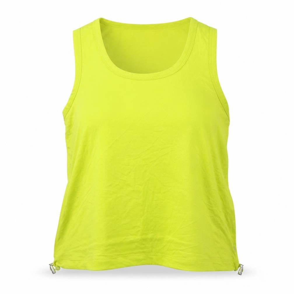 Front view of Marika women’s yellow polyester cropped tank, size UK 6, scoop neck drawstring
