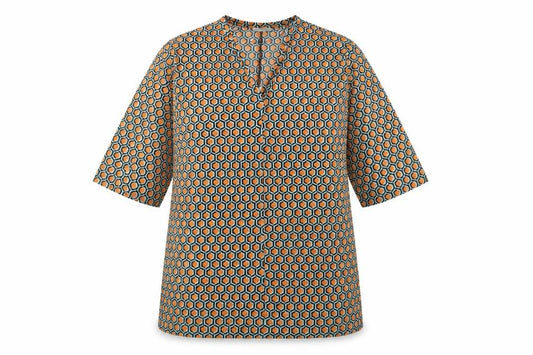 Front view of Zara Trafaluc women’s multicoloured geometric polyester a-line, size UK 14, v-neck pullover