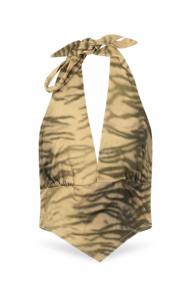 ASOS Womens Gold Animal Print Polyester Cropped Tank Size 6 Halter