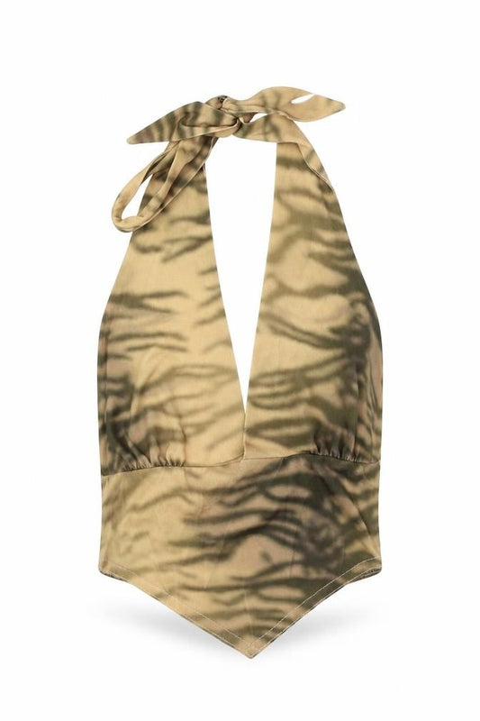 Front view of ASOS women’s gold animal print polyester cropped tank, size UK 6, halter