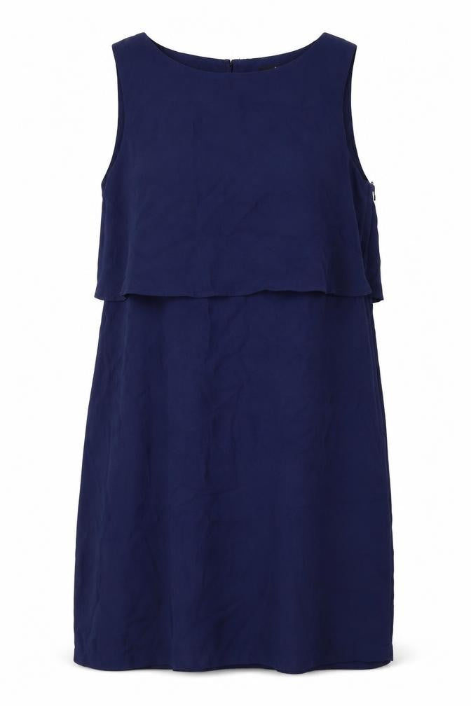 Front view of H&M women’s blue polyester a-line, size UK 10, boat neck zip