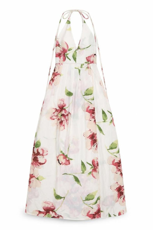 Front view of women’s ivory floral polyester fit & flare, size S, halter tie