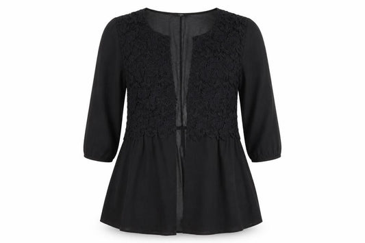 Front view of MsShe women’s black scoop neck polyester cardigan jumper, size UK 6, - lace detail
