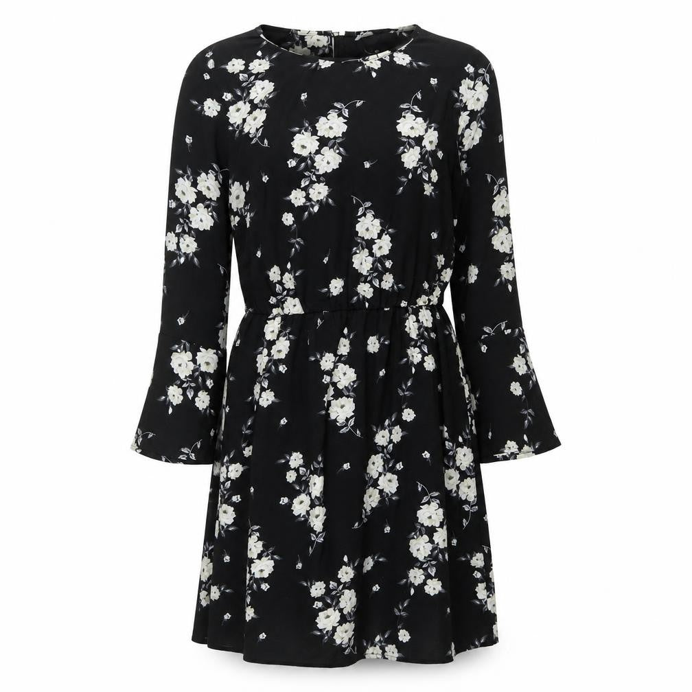 Front view of H&M women’s black floral polyester fit & flare, size UK 6, scoop neck button