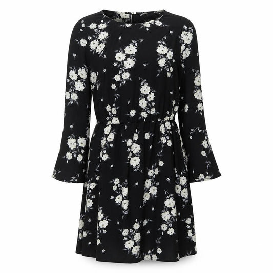 Front view of H&M women’s black floral polyester fit & flare, size UK 6, scoop neck button