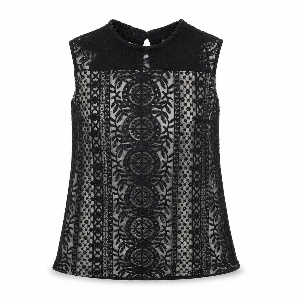 Front view of H&M women’s black geometric viscose basic tank, size S, mock neck