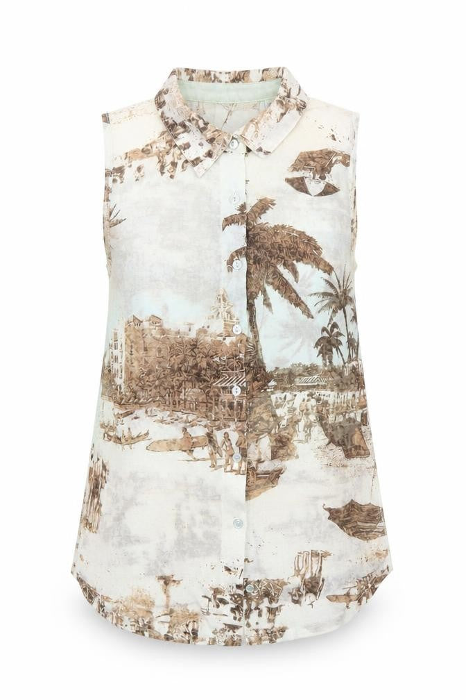 Front view of Denim & Co. women’s multicoloured geometric polyester basic button-up, size UK 10, collared - beach scene