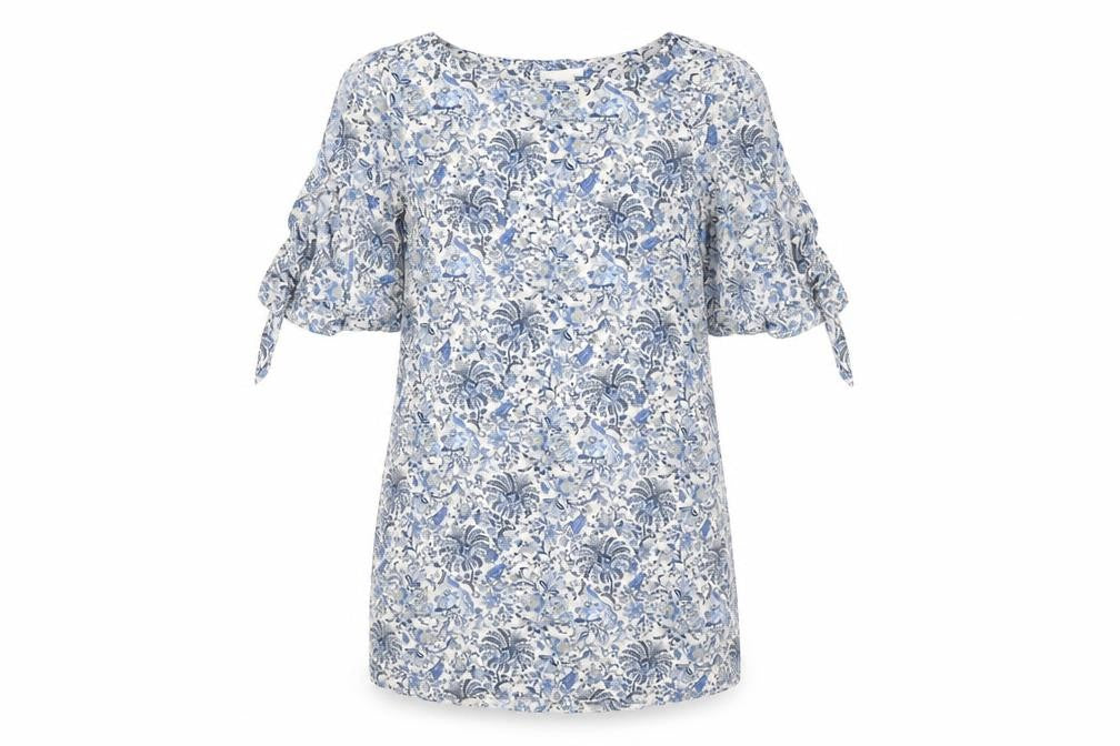 Front view of H&M women’s blue floral viscose shift, size UK 12, boat neck pullover - split tie sleeve detail