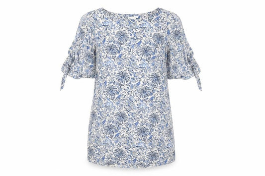 Front view of H&M women’s blue floral viscose shift, size UK 12, boat neck pullover - split tie sleeve detail