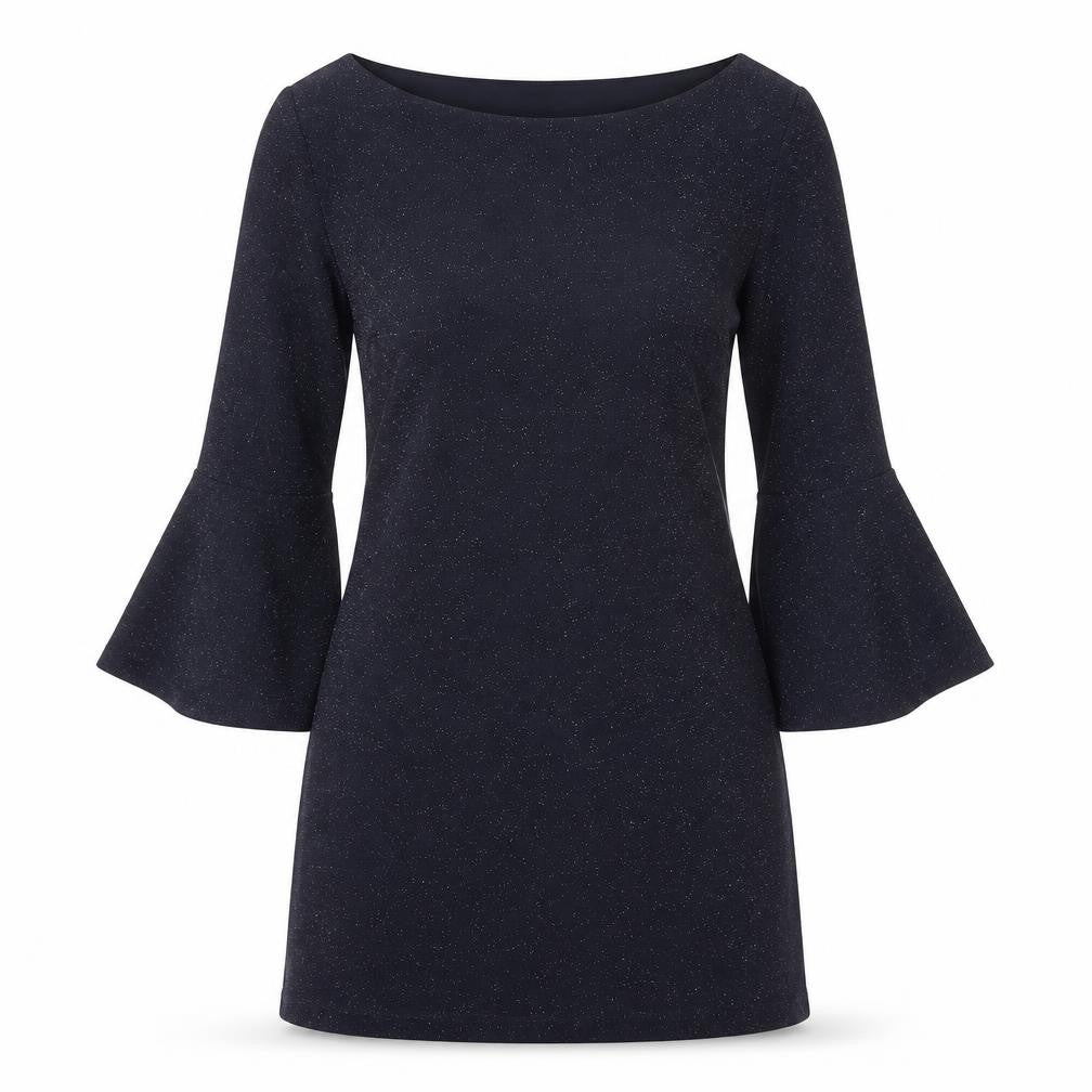 Front view of Latin Quaters women’s blue polyester a-line, size S, boat neck pullover - bell sleeve