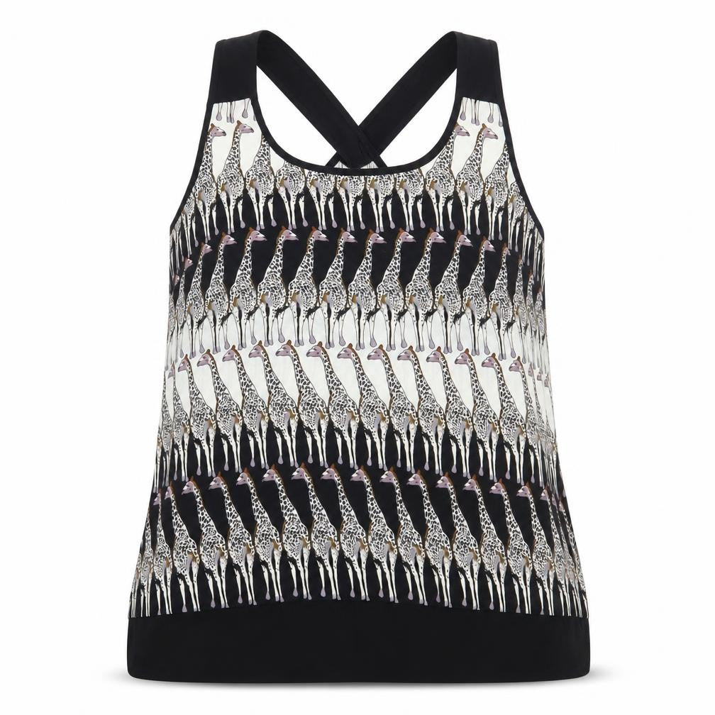 Front view of G21 women’s black geometric polyester basic tank, size UK 16, scoop neck - giraffe cross back