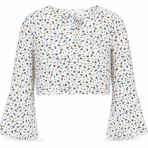 Dazie Womens White Floral Polyester Cropped Blouse Size 12 Round Neck - Bell Sleeve