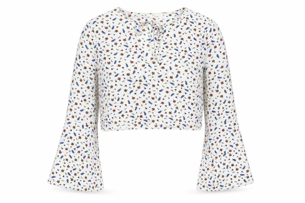 Dazie Womens White Floral Polyester Cropped Blouse Size 12 Round Neck - Bell Sleeve
