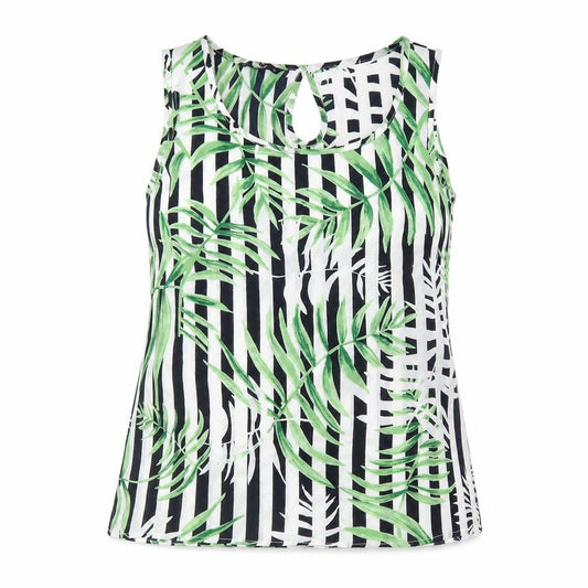 Front view of Only women’s multicoloured striped polyester basic tank, size UK 8, scoop neck