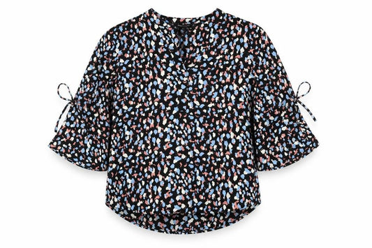 Front view of 41Hawthorn women’s black animal print polyester basic blouse, size M, v-neck - leopard print bell sleeve