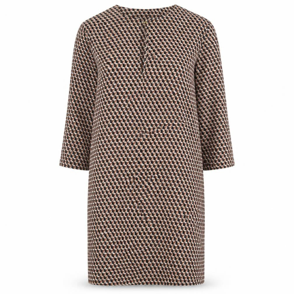 Mango Womens Brown Geometric Polyester Shift Size M Round Neck Hook & Eye