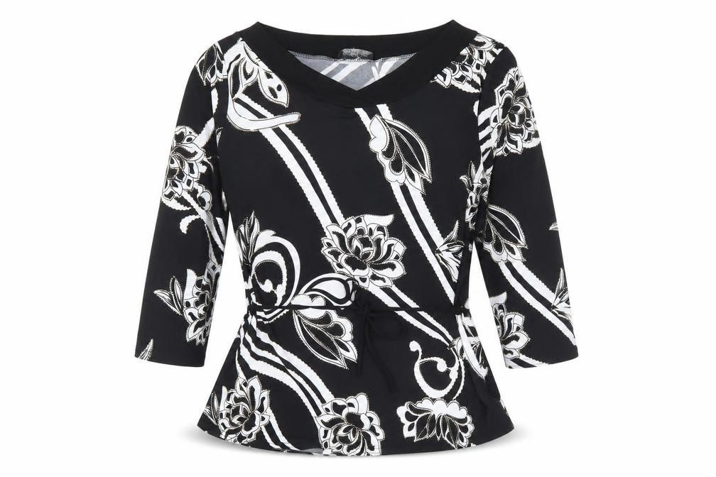 Front view of Saloos Collection women’s black floral polyester basic blouse, size M, v-neck
