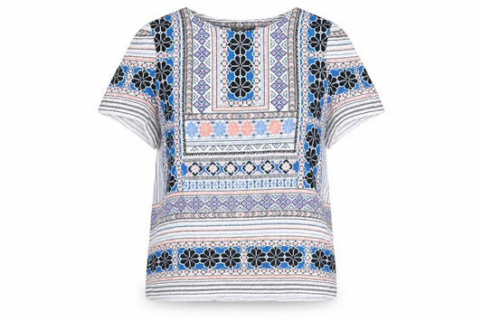 Front view of Oasis women’s multicoloured floral viscose basic t-shirt, size UK 12, round neck