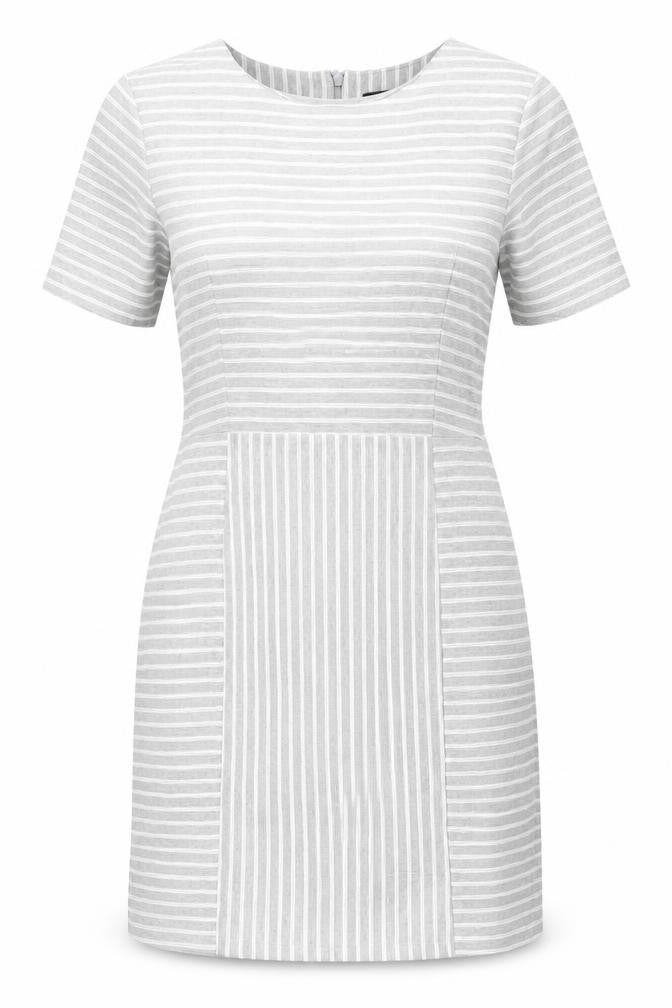 Front view of Warehouse women’s grey striped polyester a-line, size UK 14, round neck zip - ribbed