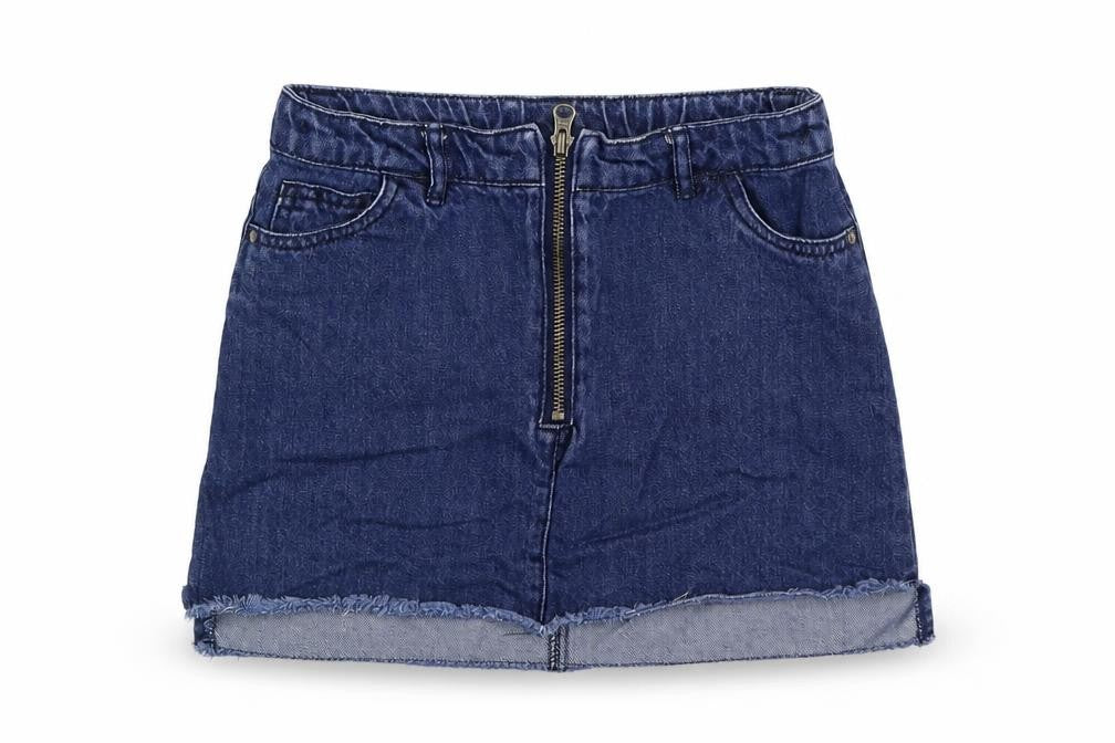 Front view of Next girls’ blue 100% cotton mini skirt, size 10, years regular zip
