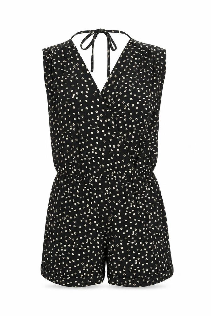 Front view of Sweewë women’s black geometric polyester playsuit one-piece, size M, tie