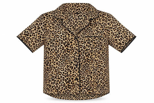 Front view of Secret Possessions women’s brown animal print polyester basic button-up, size UK 6, collared