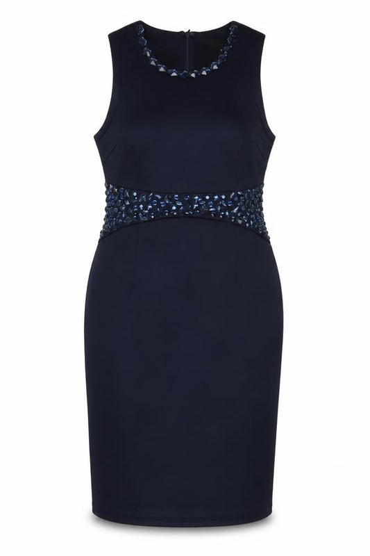 Front view of Chase7 women’s blue polyester sheath, size UK 12, round neck zip