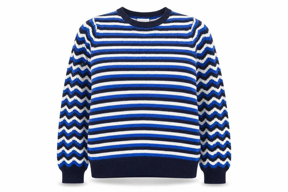 Front view of Papaya women’s blue crew neck striped polyester jumper, size M