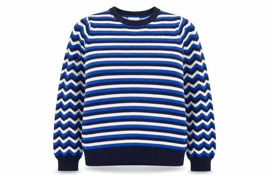 Front view of Papaya women’s blue crew neck striped polyester jumper, size M